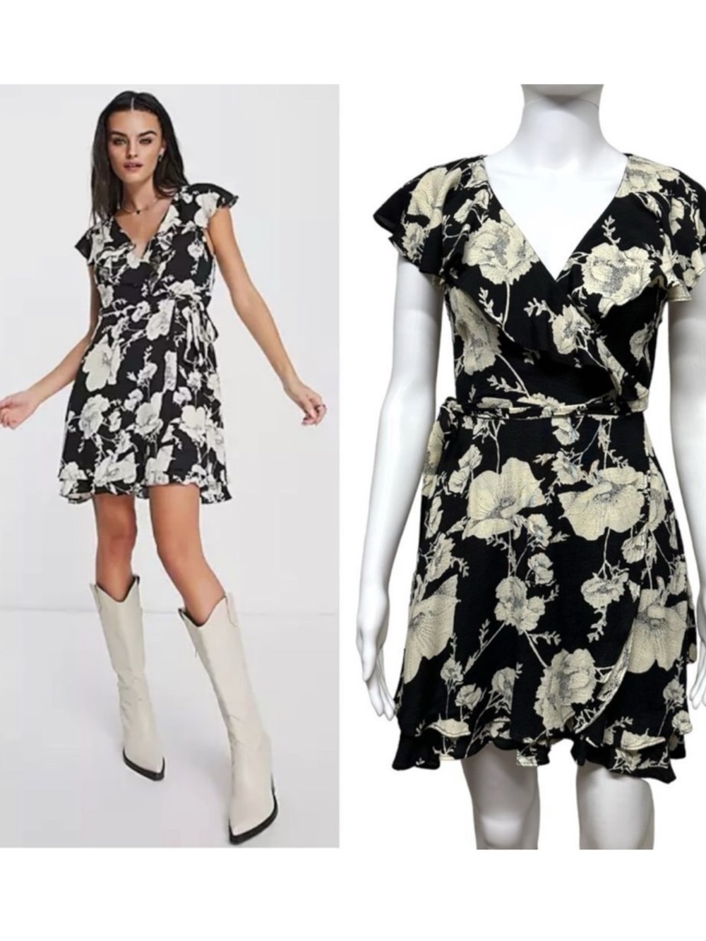 FREE PEOPLE French Quarter Floral Print Black Ivory Wrap Ruffle Mini Dress XS S